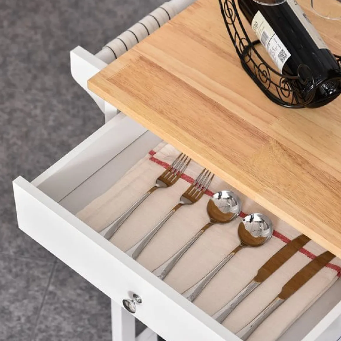 Carrito auxiliar de cocina Homcom 1 cajón+1 armario+3 estantes blanco/natural 86,5x66x39,5 cm