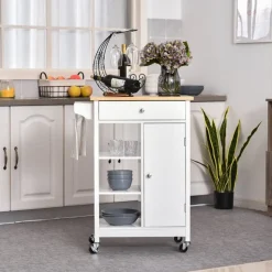 Carrito auxiliar de cocina Homcom 1 cajón+1 armario+3 estantes blanco/natural 86,5x66x39,5 cm