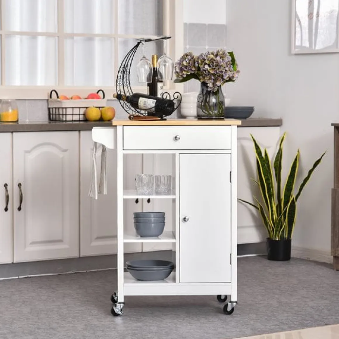 Carrito auxiliar de cocina Homcom 1 cajón+1 armario+3 estantes blanco/natural 86,5x66x39,5 cm