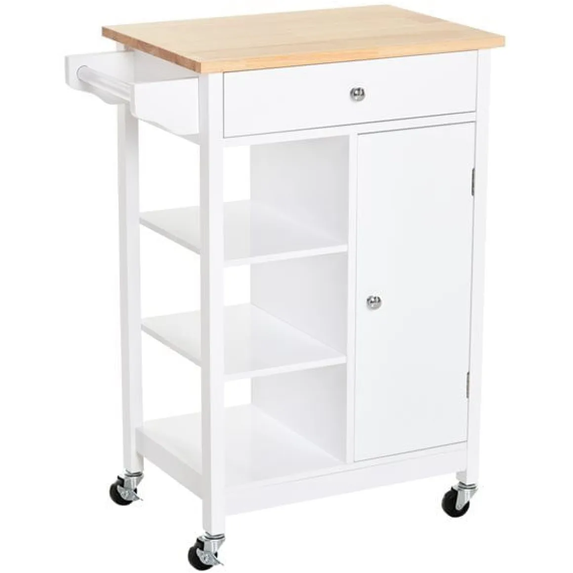 Carrito auxiliar de cocina Homcom 1 cajón+1 armario+3 estantes blanco/natural 86,5x66x39,5 cm