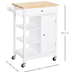 Carrito auxiliar de cocina Homcom 1 cajón+1 armario+3 estantes blanco/natural 86,5x66x39,5 cm