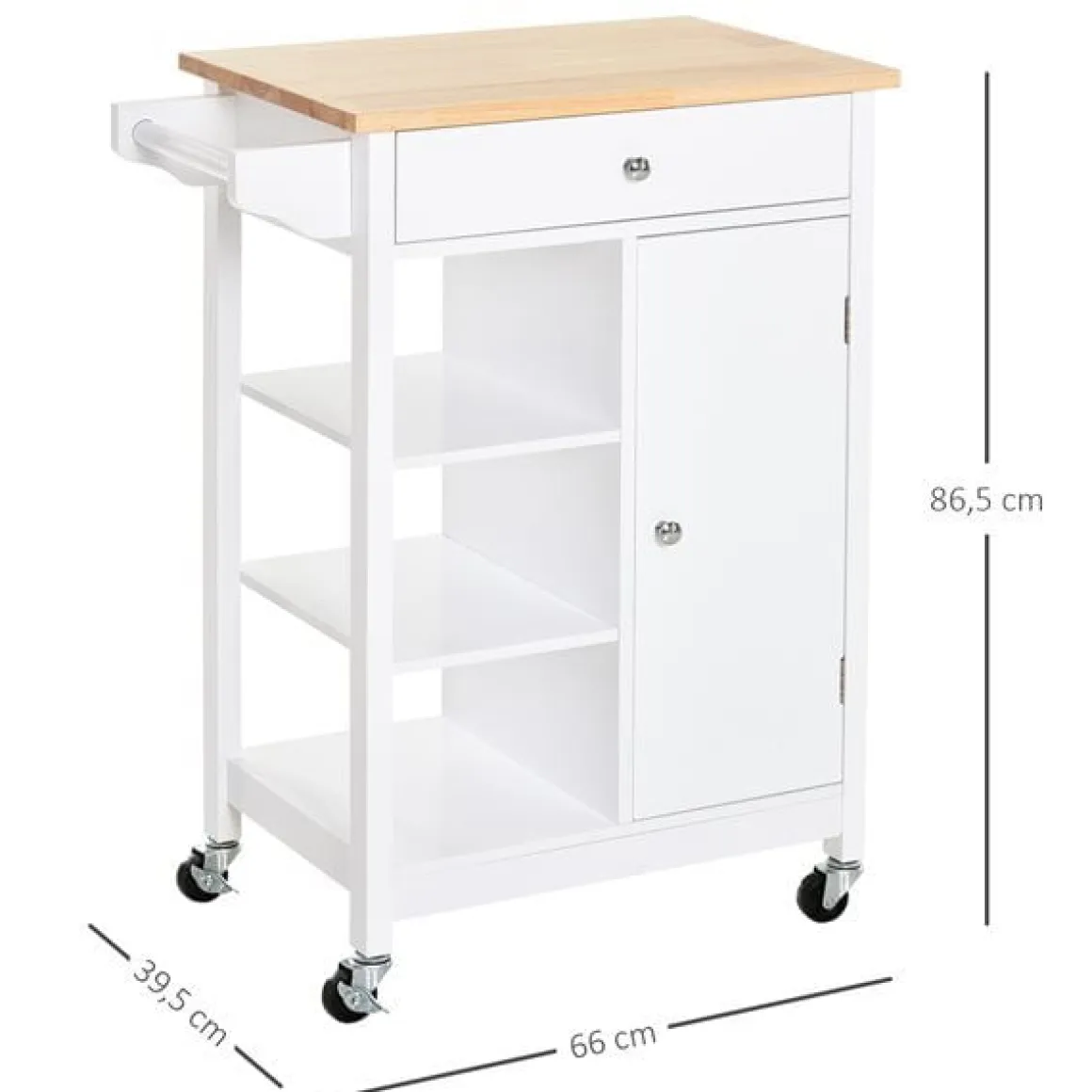 Carrito auxiliar de cocina Homcom 1 cajón+1 armario+3 estantes blanco/natural 86,5x66x39,5 cm