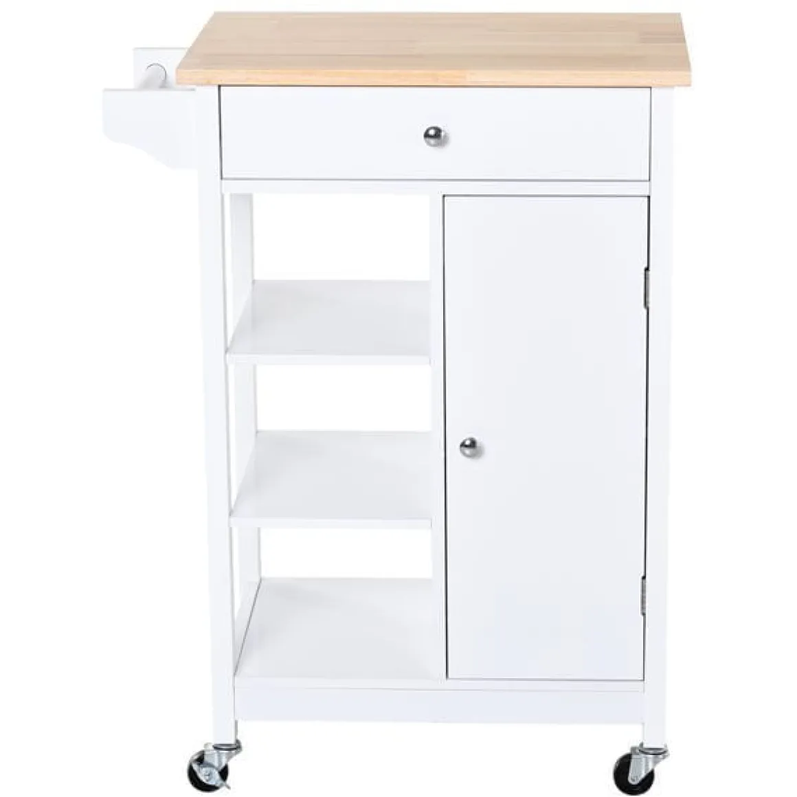 Carrito auxiliar de cocina Homcom 1 cajón+1 armario+3 estantes blanco/natural 86,5x66x39,5 cm