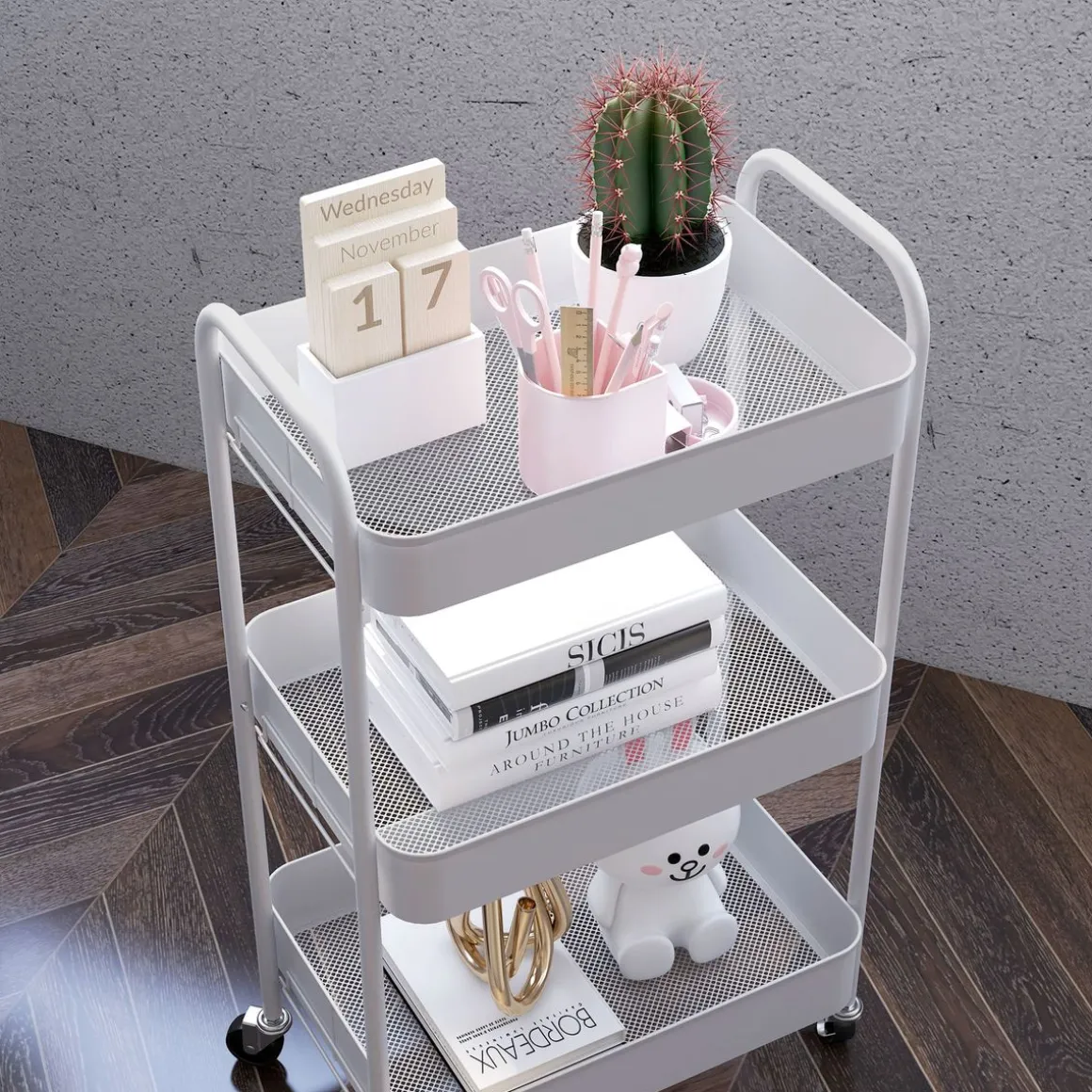 Carrito auxiliar Ebro Homcom 3 estantes con ruedas rosa o azul 79x30,6x45 cm