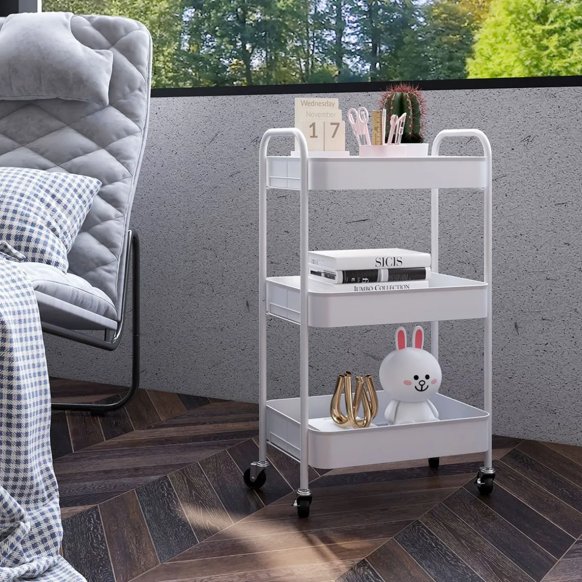 Carrito auxiliar Ebro Homcom 3 estantes con ruedas rosa o azul 79x30,6x45 cm