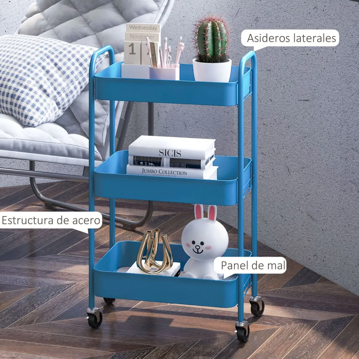Carrito auxiliar Ebro Homcom 3 estantes con ruedas rosa o azul 79x30,6x45 cm
