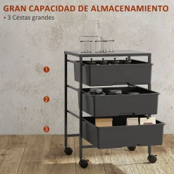 Carrito auxiliar Figo Homcom 3 niveles 60,5x40,8x33,5 cm