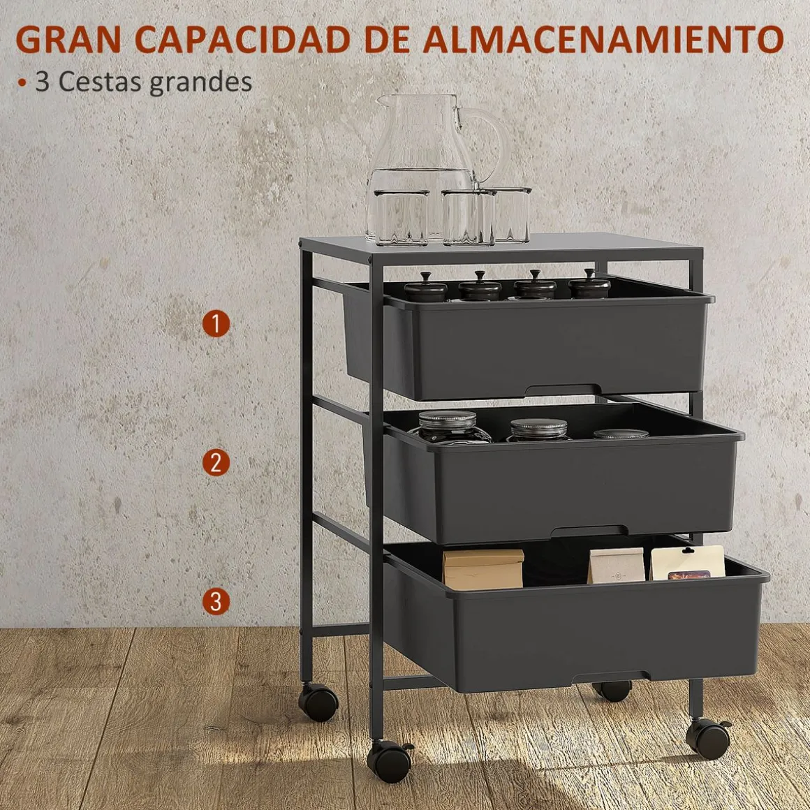 Carrito auxiliar Figo Homcom 3 niveles 60,5x40,8x33,5 cm