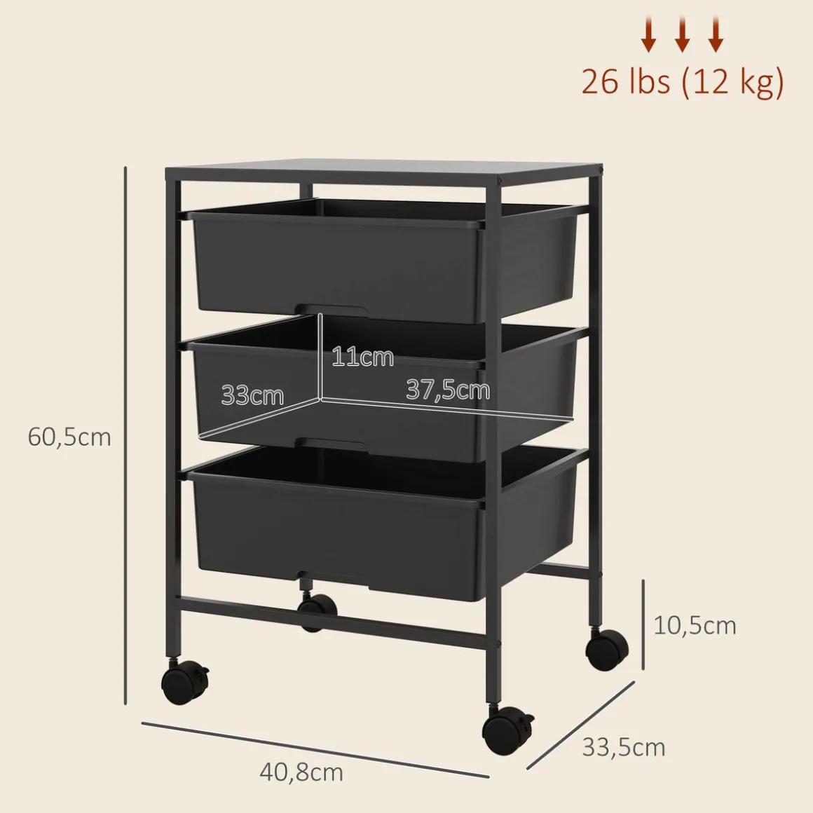 Carrito auxiliar Figo Homcom 3 niveles 60,5x40,8x33,5 cm