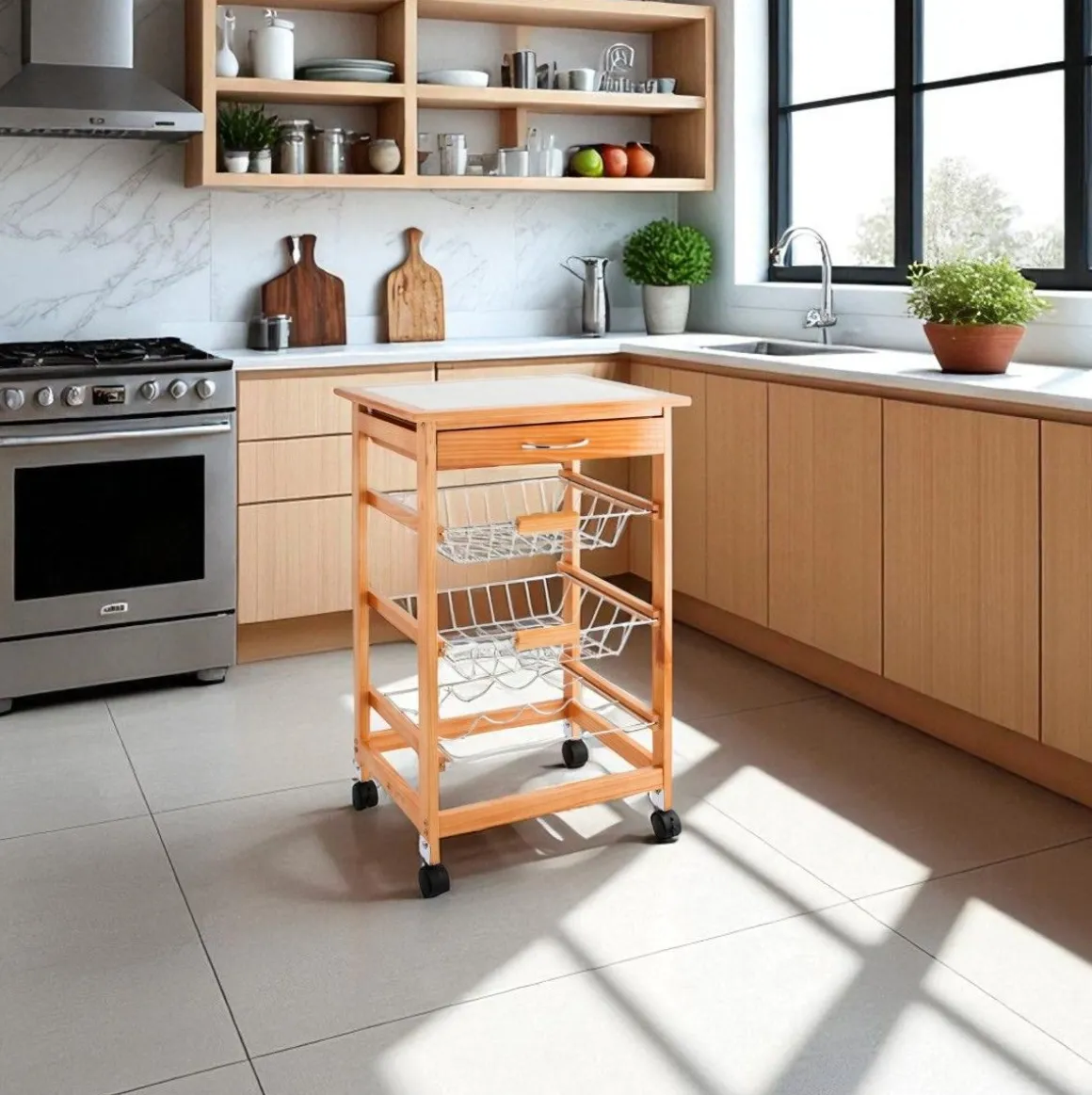 Carrito auxiliar Garbo Quid 2 cestas + botellero + cajón natural/blanco 76x47x37 cm