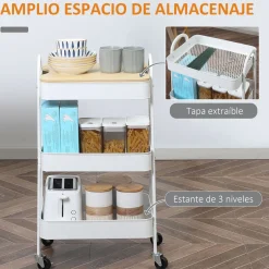 Carrito auxiliar Guadiana Homcom 3 estantes con encimera 79,4x31x45 cm