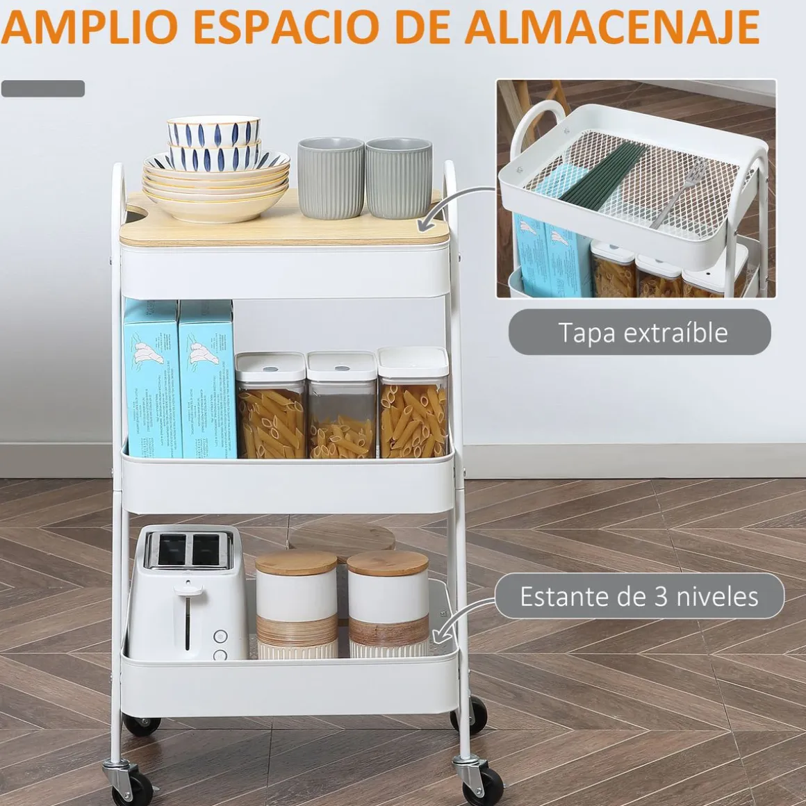 Carrito auxiliar Guadiana Homcom 3 estantes con encimera 79,4x31x45 cm