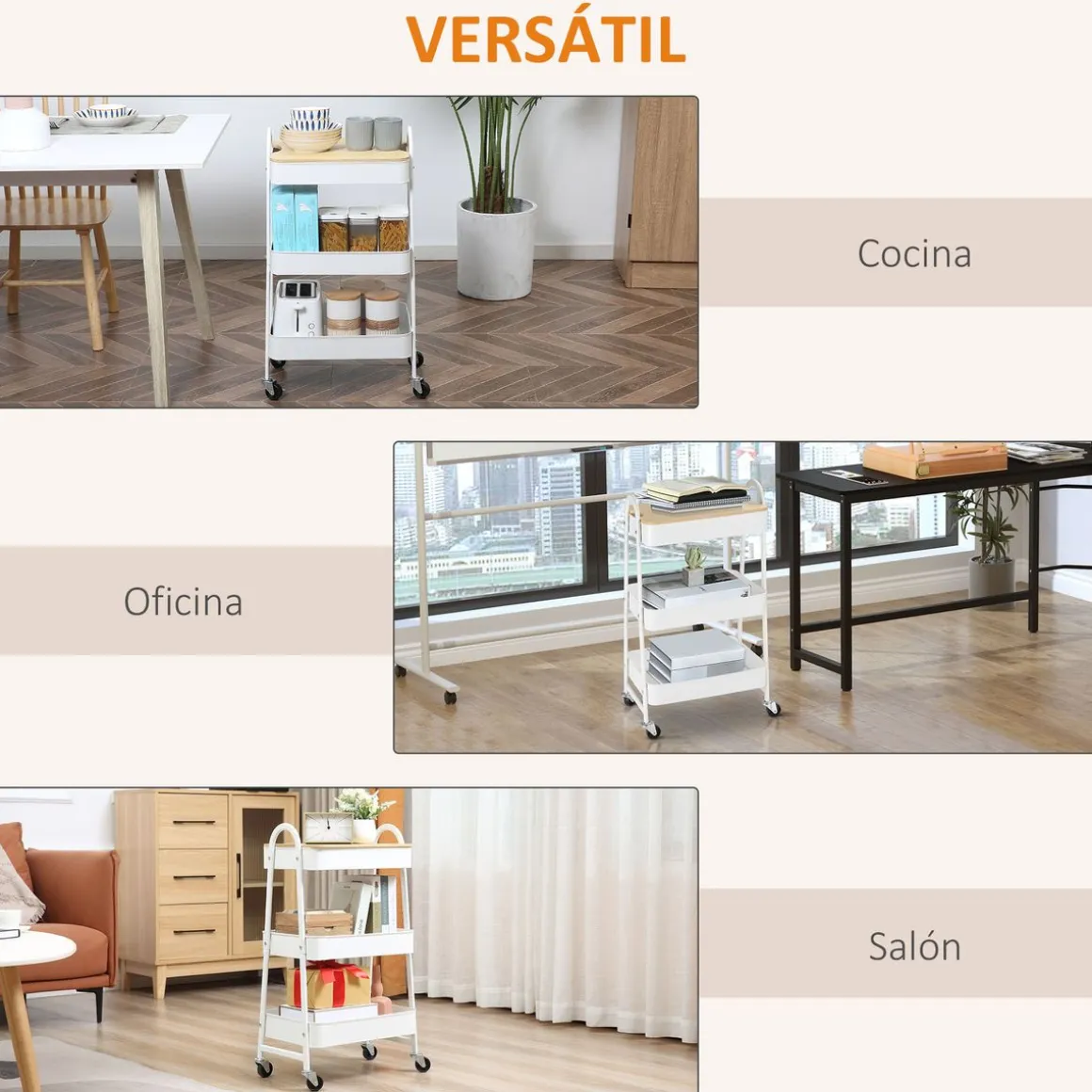 Carrito auxiliar Guadiana Homcom 3 estantes con encimera 79,4x31x45 cm