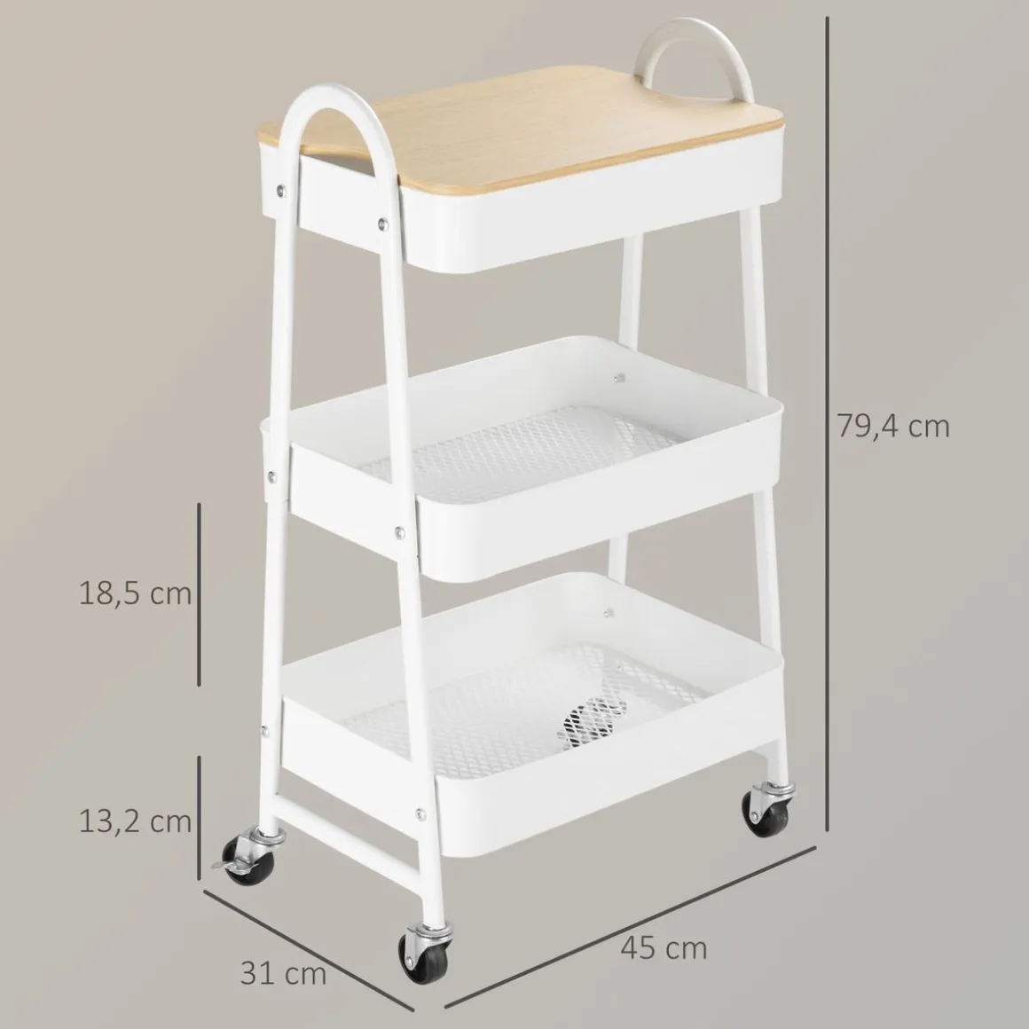 Carrito auxiliar Guadiana Homcom 3 estantes con encimera 79,4x31x45 cm