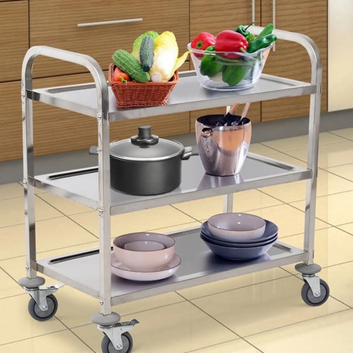 Carrito auxiliar Homcom 3 niveles con ruedas plata 90x85x45 cm