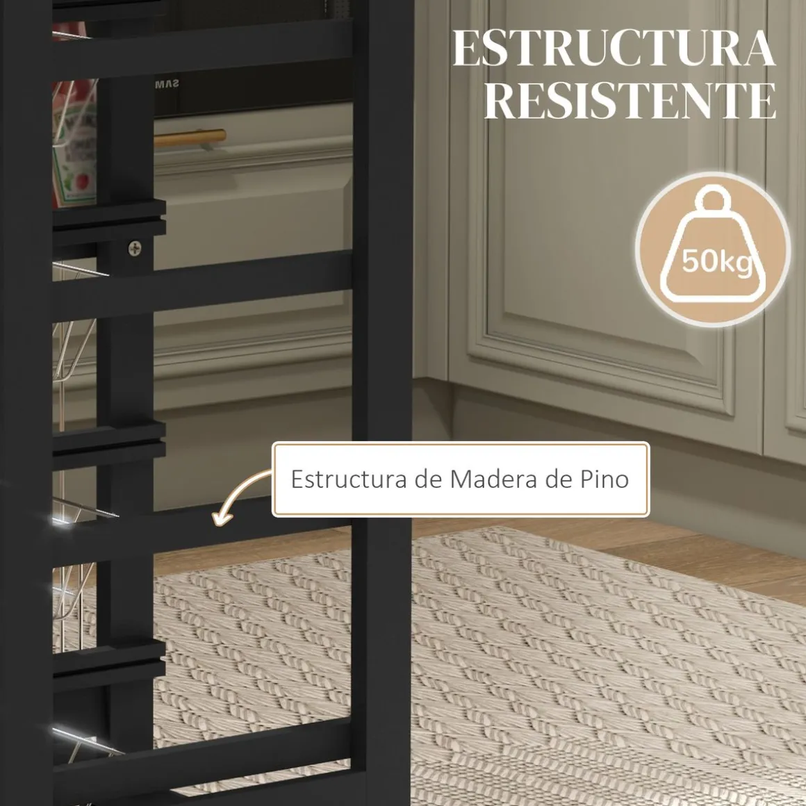 Carrito auxiliar Lantana Homcom 4 niveles + cajón negro/natural 83x47x37 cm