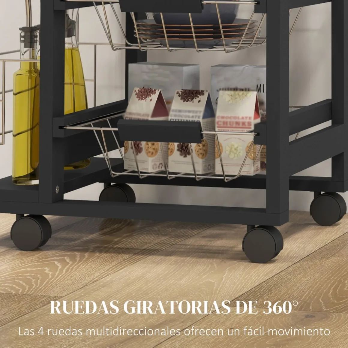 Carrito auxiliar Lantana Homcom 4 niveles + cajón negro/natural 83x47x37 cm