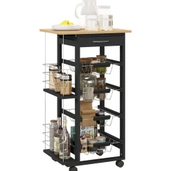 Carrito auxiliar Lantana Homcom 4 niveles + cajón negro/natural 83x47x37 cm