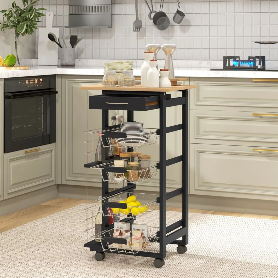 Carrito auxiliar Lantana Homcom 4 niveles + cajón negro/natural 83x47x37 cm