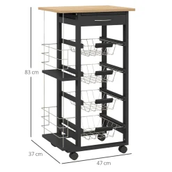Carrito auxiliar Lantana Homcom 4 niveles + cajón negro/natural 83x47x37 cm