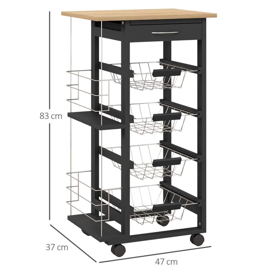 Carrito auxiliar Lantana Homcom 4 niveles + cajón negro/natural 83x47x37 cm