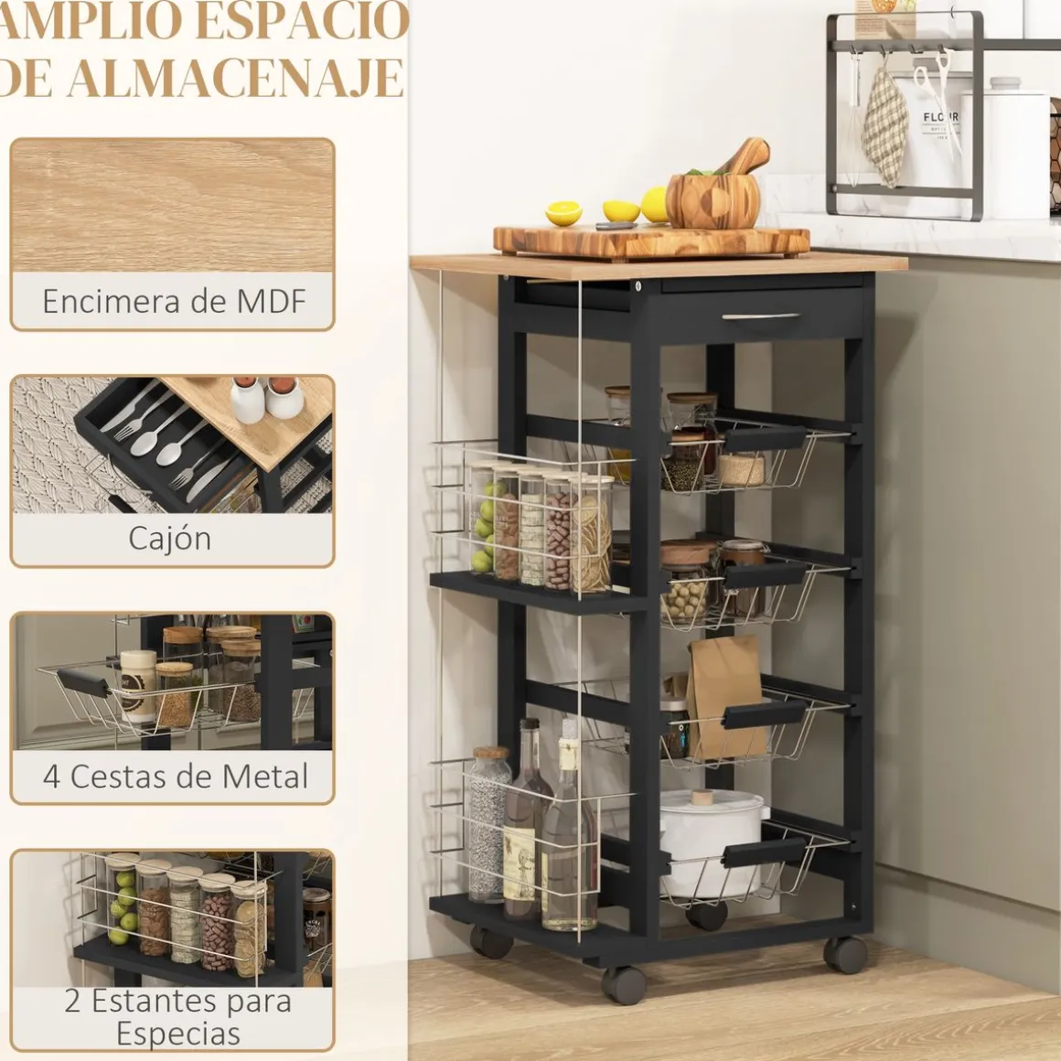 Carrito auxiliar Lantana Homcom 4 niveles + cajón negro/natural 83x47x37 cm