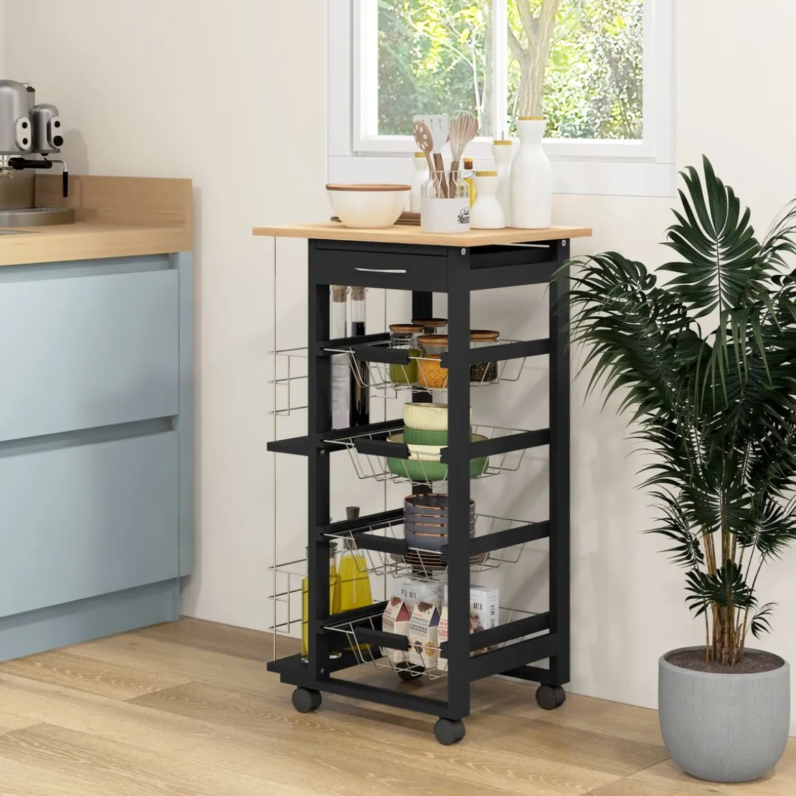 Carrito auxiliar Lantana Homcom 4 niveles + cajón negro/natural 83x47x37 cm
