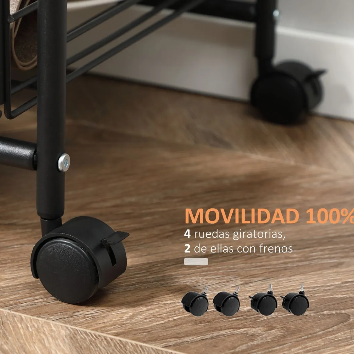 Carrito auxiliar Mieles Homcom 2 estantes + 2 cestas marrón/negro 111x40x38 cm