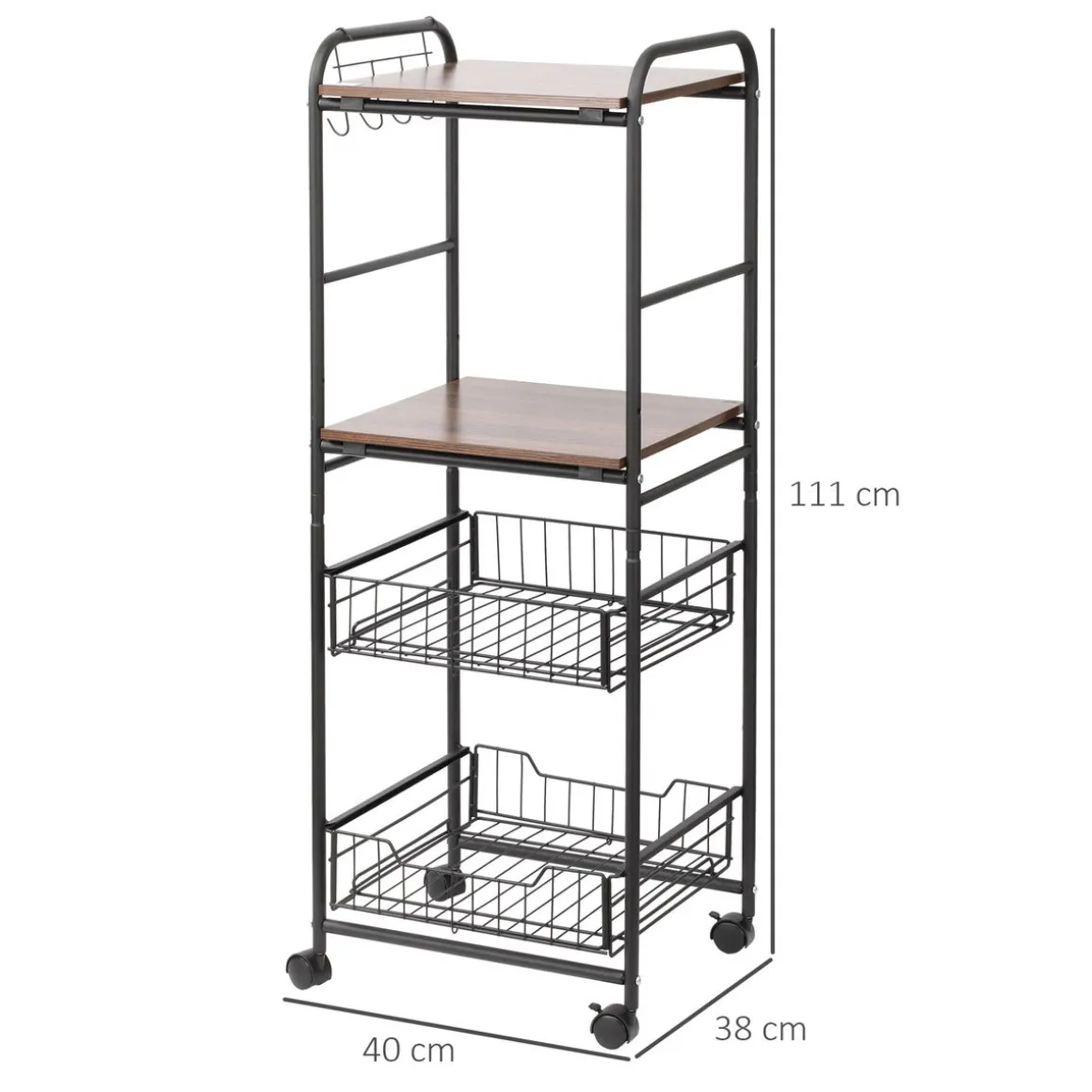 Carrito auxiliar Mieles Homcom 2 estantes + 2 cestas marrón/negro 111x40x38 cm