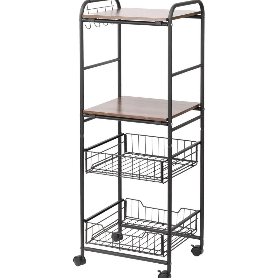 Carrito auxiliar Mieles Homcom 2 estantes + 2 cestas marrón/negro 111x40x38 cm