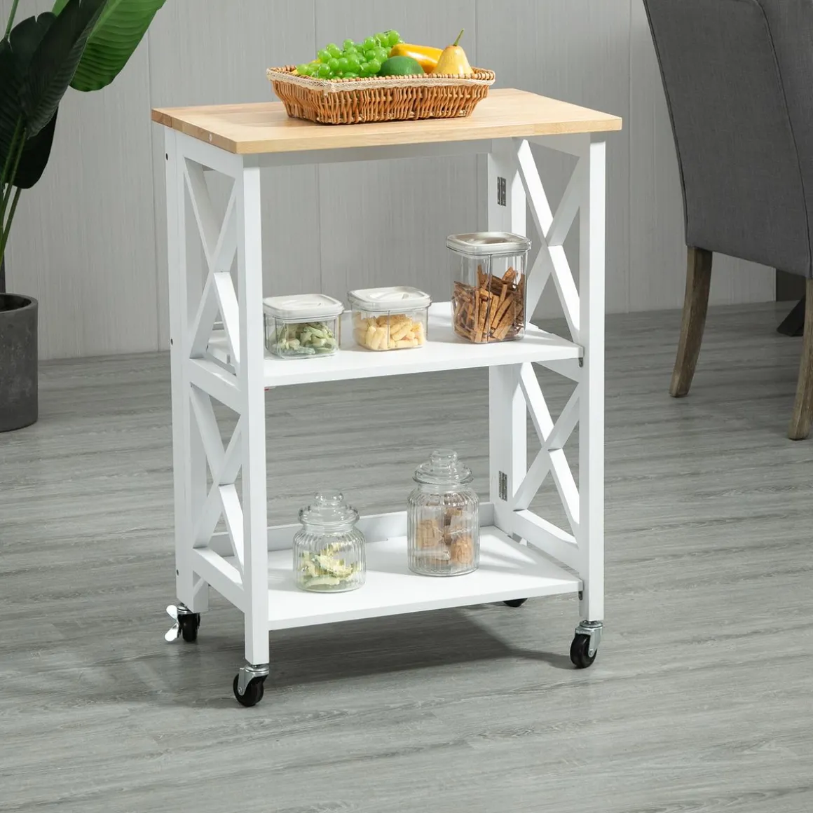 Carrito auxiliar Moniz Homcom 2 estantes con ruedas blanco 84x60x40 cm