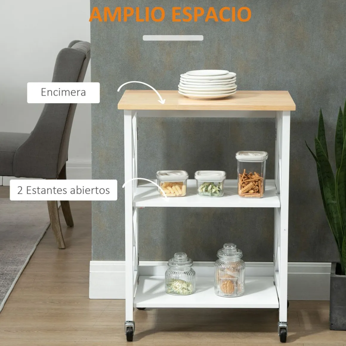 Carrito auxiliar Moniz Homcom 2 estantes con ruedas blanco 84x60x40 cm