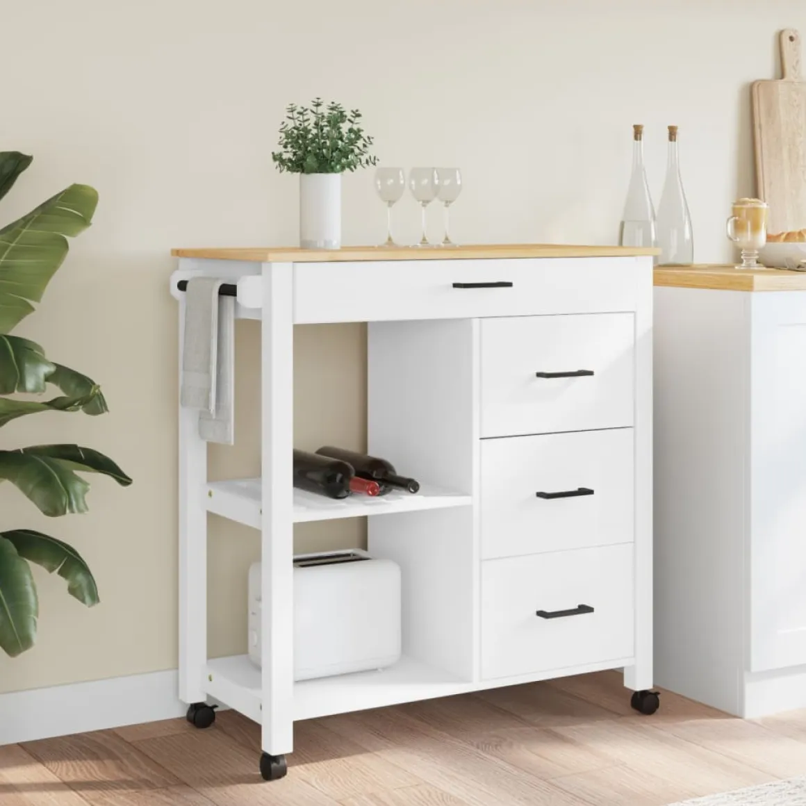 Carrito auxiliar Monza 4 cajones + 2 estantes madera de pino 90x84x40 cm