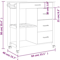 Carrito auxiliar Monza 4 cajones + 2 estantes madera de pino 90x84x40 cm