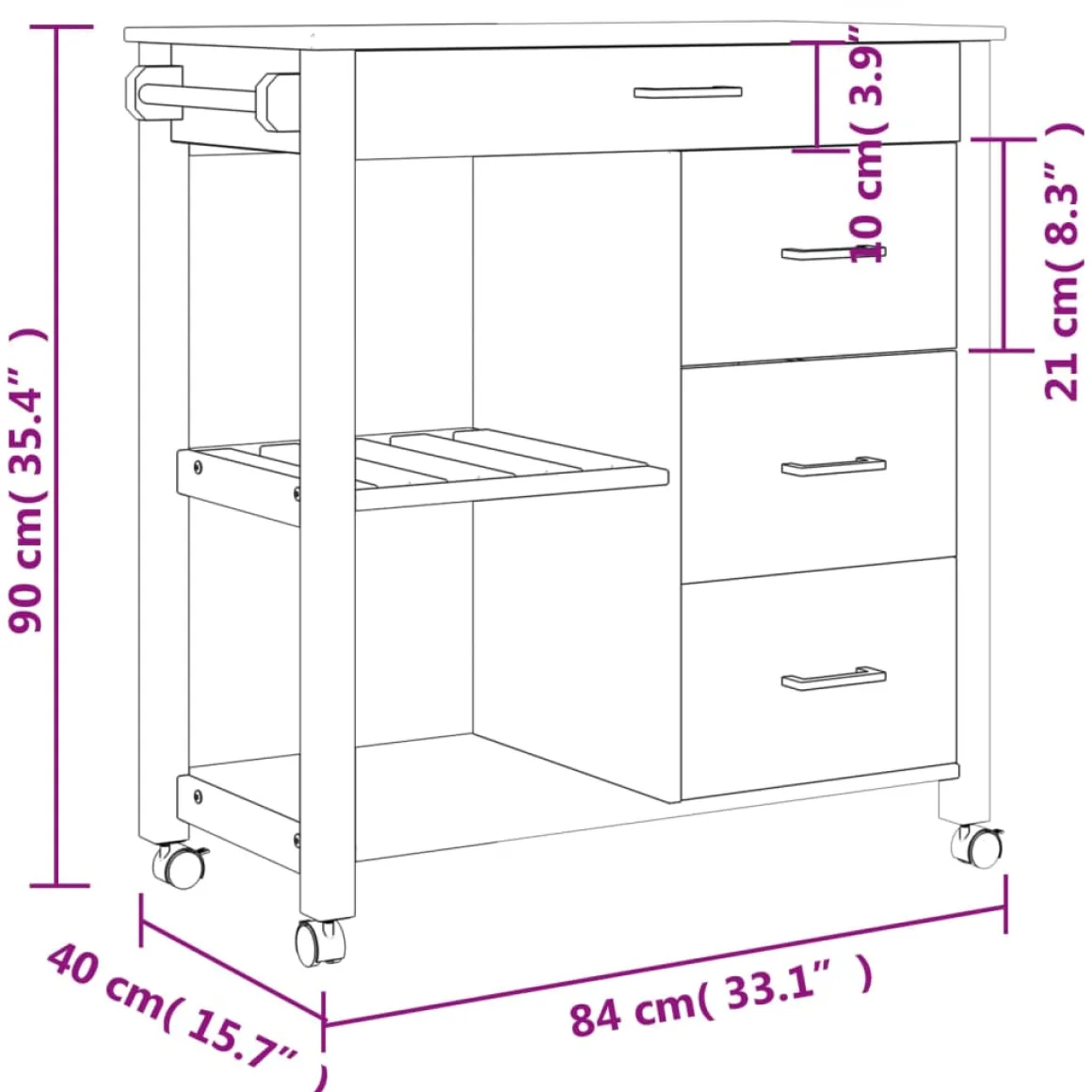 Carrito auxiliar Monza 4 cajones + 2 estantes madera de pino 90x84x40 cm