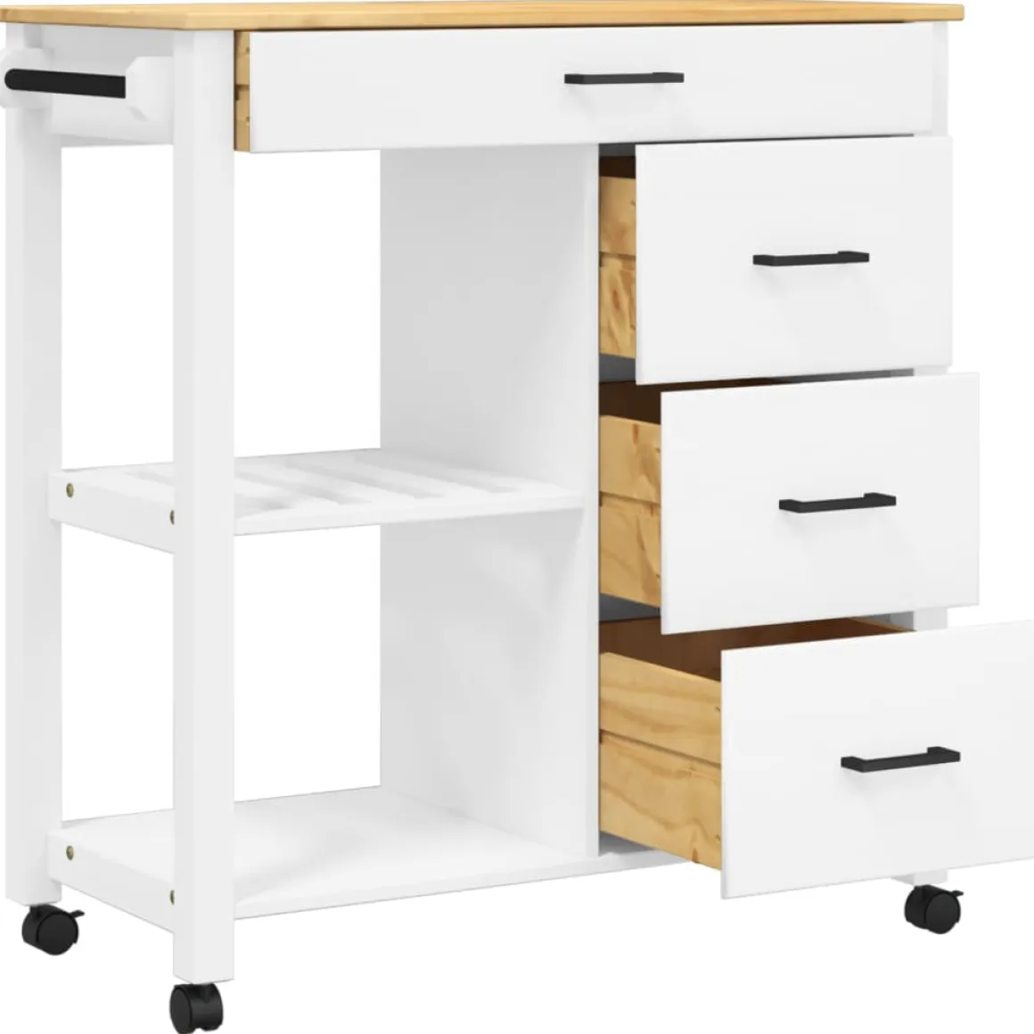 Carrito auxiliar Monza 4 cajones + 2 estantes madera de pino 90x84x40 cm