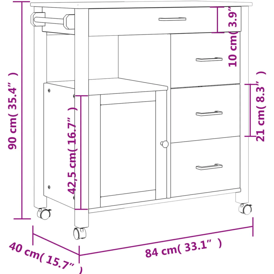 Carrito auxiliar Monza 4 cajones + armario madera de pino 90x84x40 cm