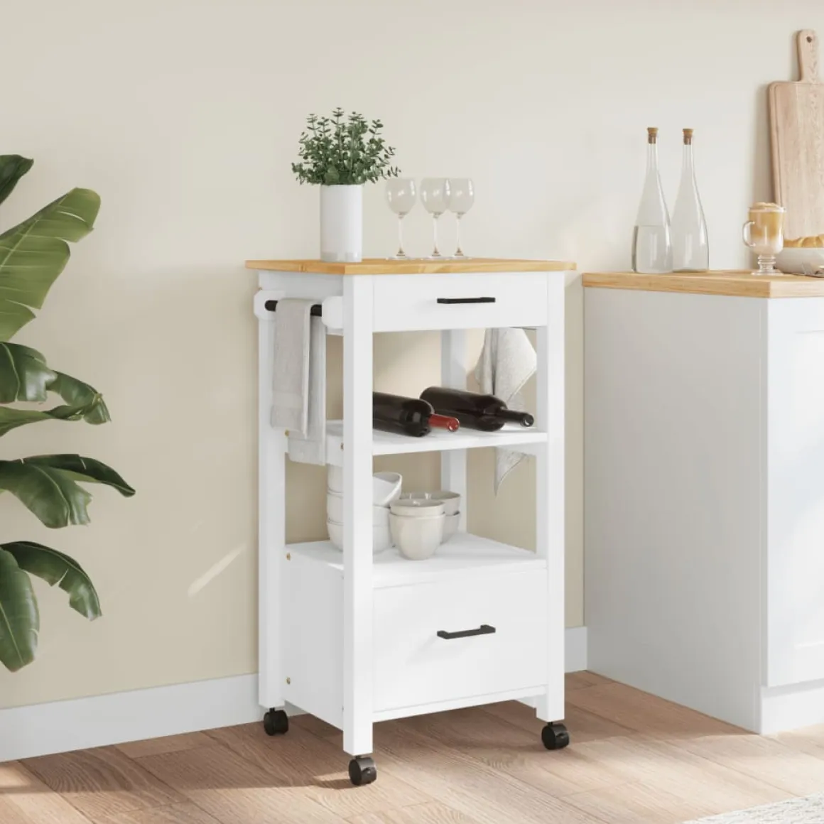Carrito auxiliar Monza 2 cajones + 2 compartimentos madera de pino 90x48x40 cm