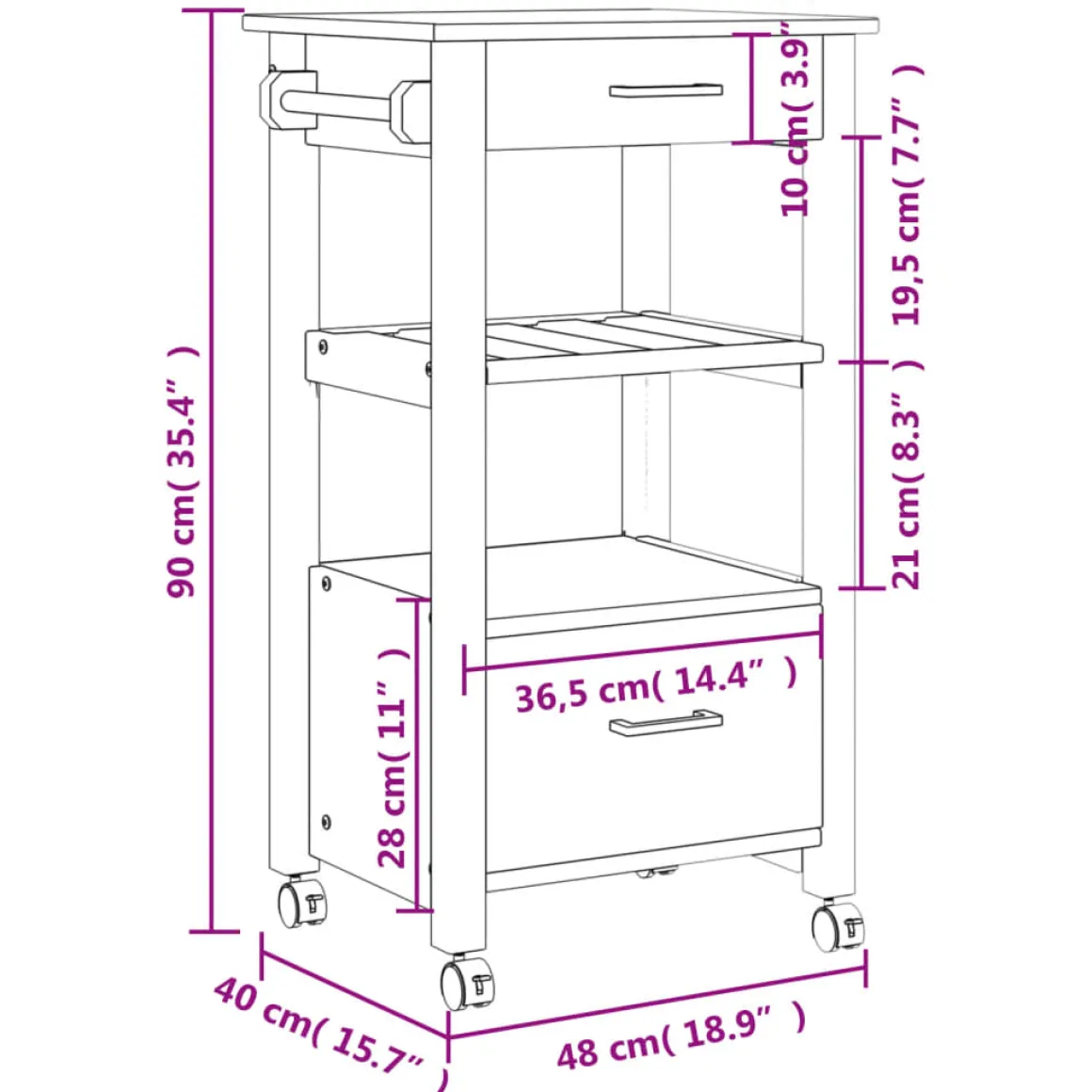Carrito auxiliar Monza 2 cajones + 2 compartimentos madera de pino 90x48x40 cm