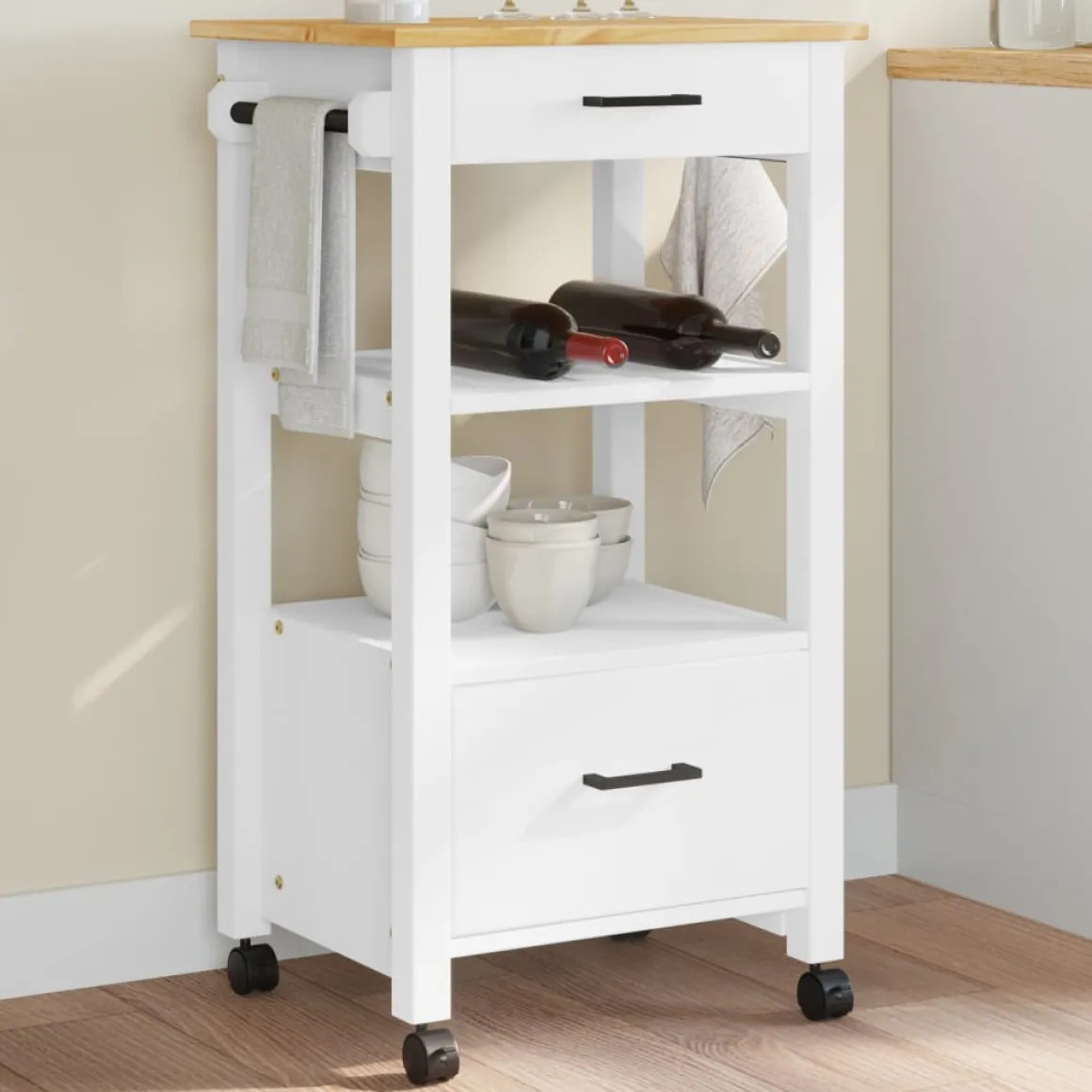 Carrito auxiliar Monza 2 cajones + 2 compartimentos madera de pino 90x48x40 cm