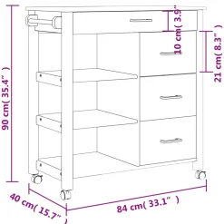 Carrito auxiliar Monza 4 cajones + 3 estantes madera de pino 90x84x40 cm