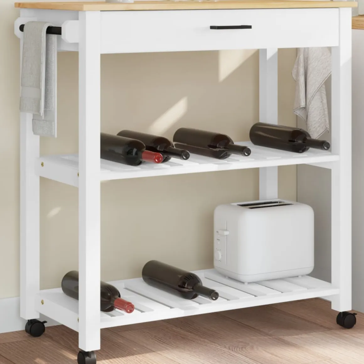 Carrito auxiliar Monza 2 estantes listones + cajón madera de pino 90x84x40 cm