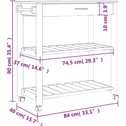 Carrito auxiliar Monza 2 estantes listones + cajón madera de pino 90x84x40 cm