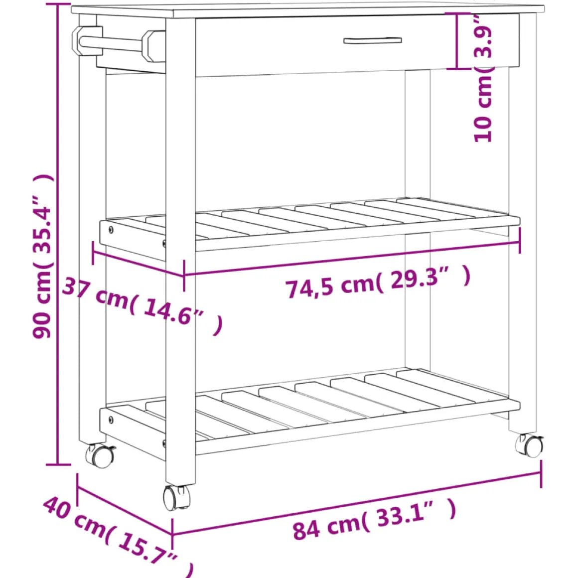 Carrito auxiliar Monza 2 estantes listones + cajón madera de pino 90x84x40 cm