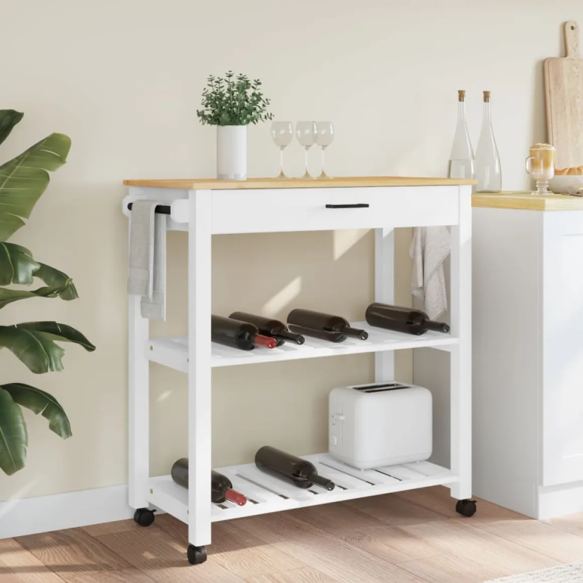 Carrito auxiliar Monza 2 estantes listones + cajón madera de pino 90x84x40 cm