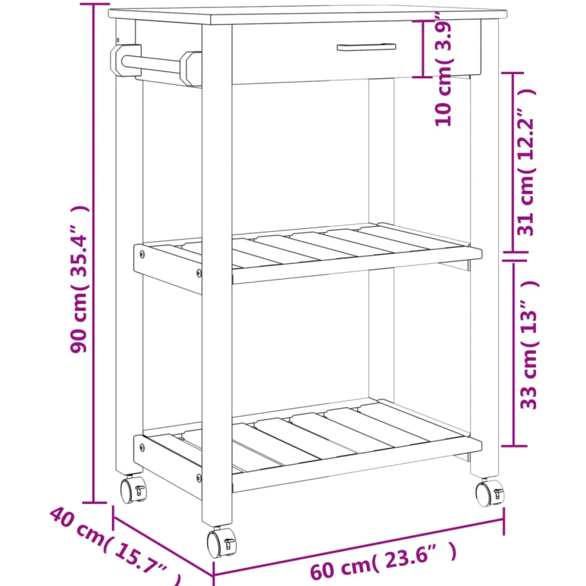 Carrito auxiliar Monza 2 estantes + 1 cajón 90x60x40 cm