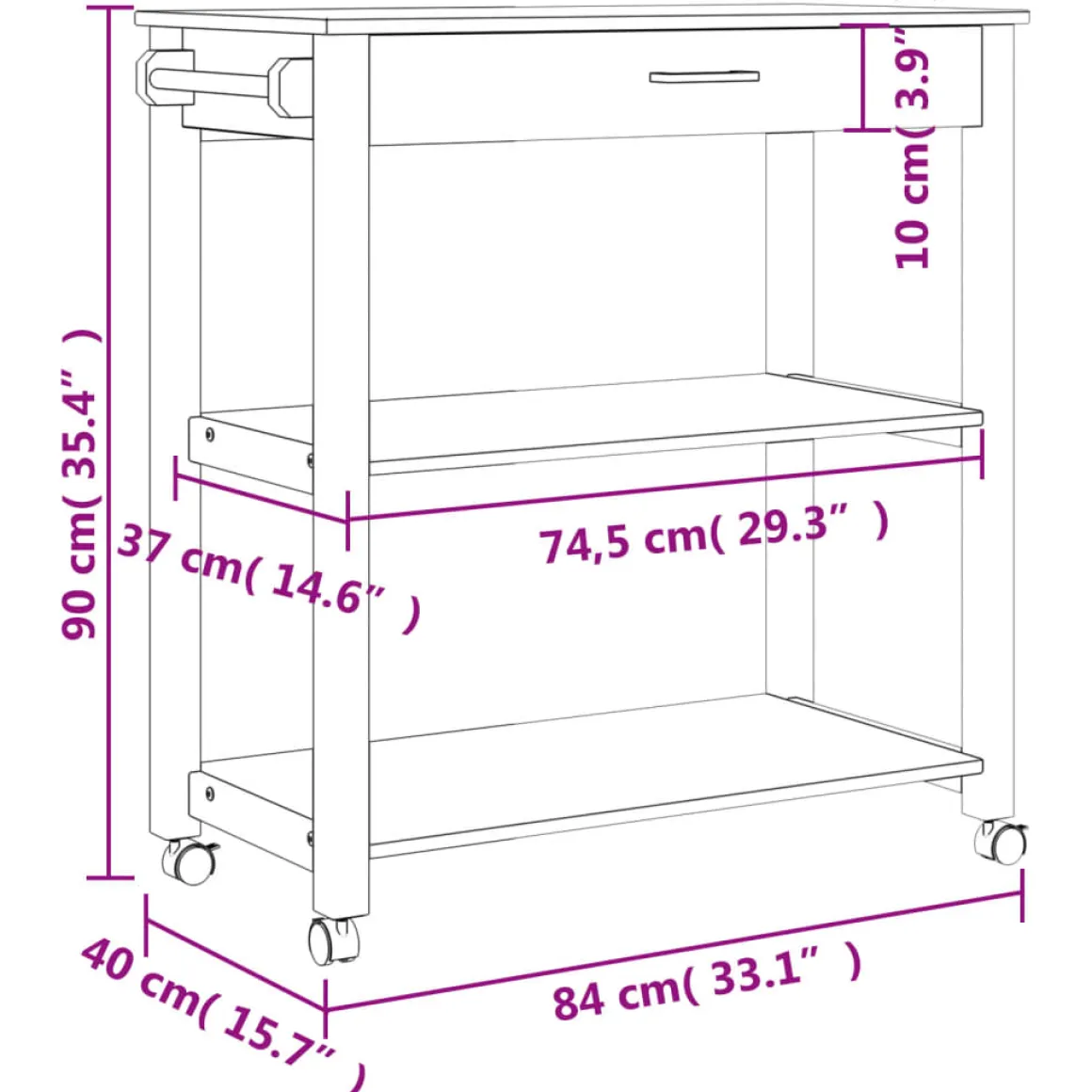 Carrito auxiliar Monza 2 estantes + cajón madera de pino 90x84x40 cm