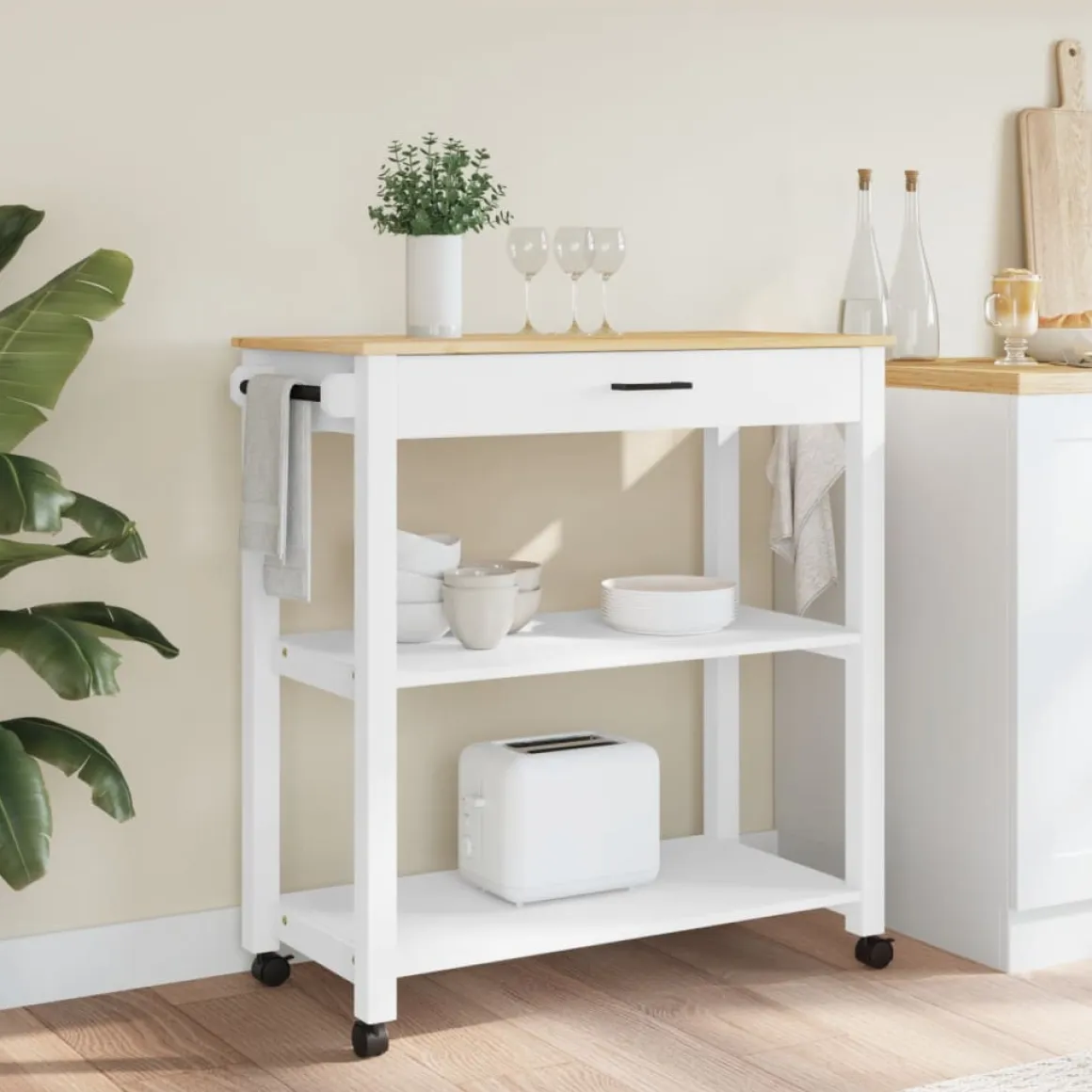 Carrito auxiliar Monza 2 estantes + cajón madera de pino 90x84x40 cm