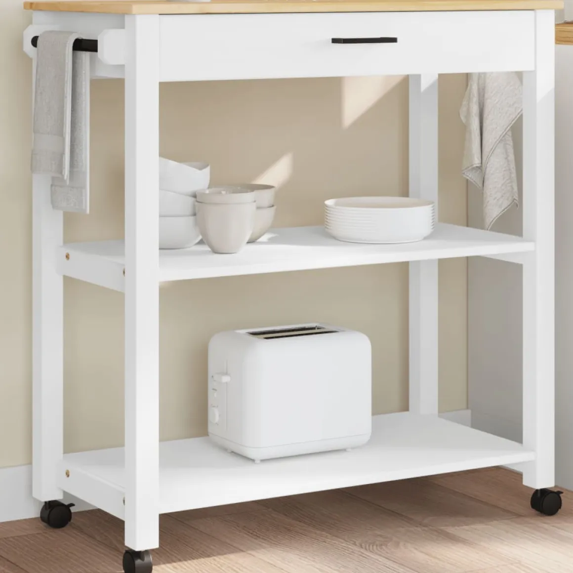 Carrito auxiliar Monza 2 estantes + cajón madera de pino 90x84x40 cm