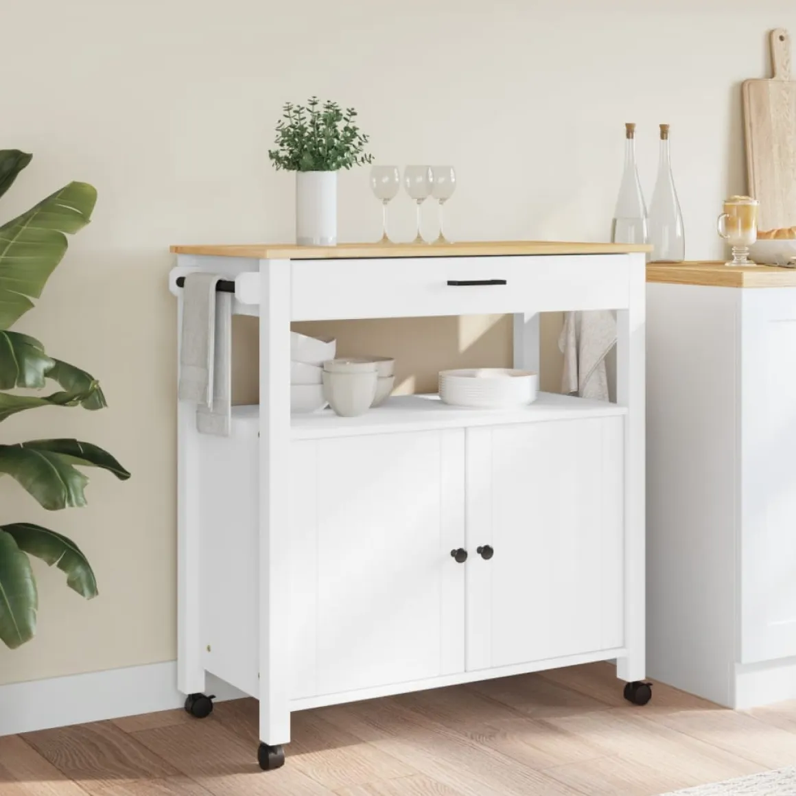 Carrito auxiliar Monza armario + cajón madera de pino 90x84x40 cm